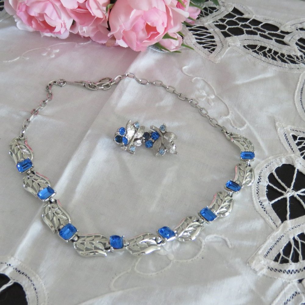1960s Signed Coro Jewlery Set Blue Rhinestone